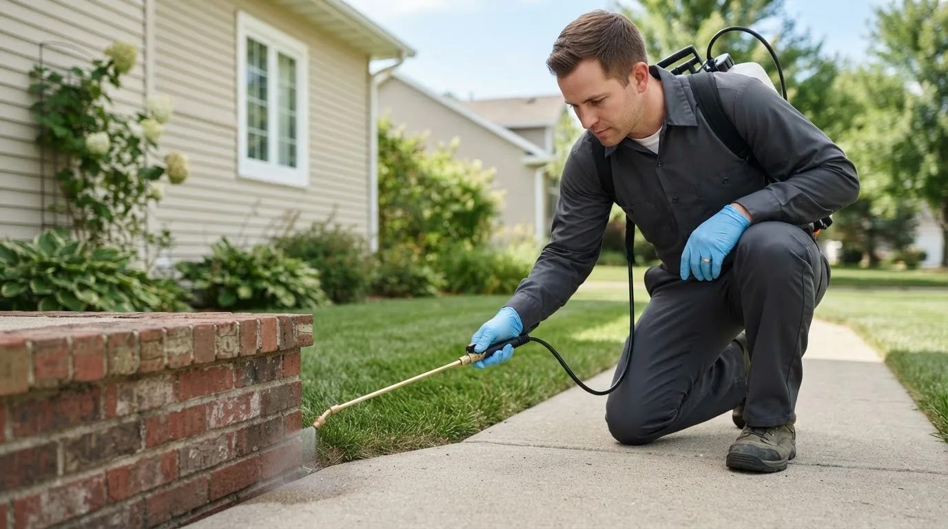 Pest control technician treating a home near Westfield, IA