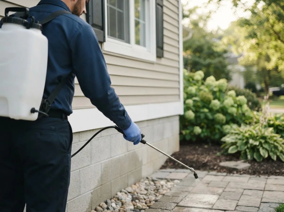 Pest control technician inspecting a home in Westfield, IA